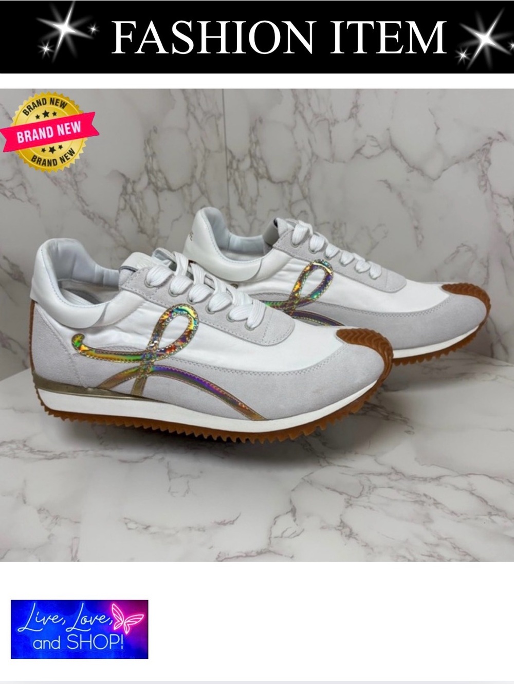 GYM SHOES: White & Tan Sneakers w/Iridescent Ribbon Accent, Unisex,NWOT
